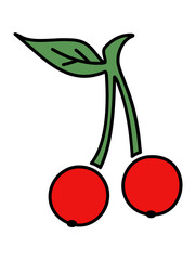 Two ripe cherries on a stem.