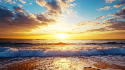 Stunning Sunset Over Ocean Waves in Vibrant Colors with Dramatic Clouds : Generative AI