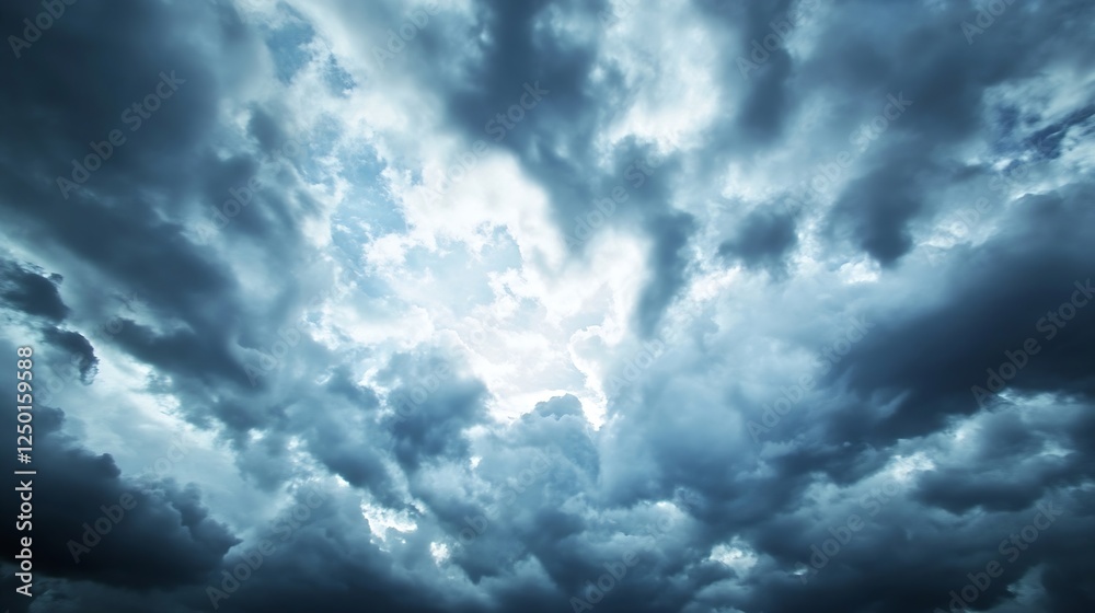 Poster Dramatic cloudy sky with varying shades of gray and a hint of light peeking through for atmospheric backgrounds : Generative AI
