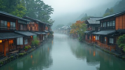 Fototapeta premium A tranquil river runs through a picturesque mountain village,