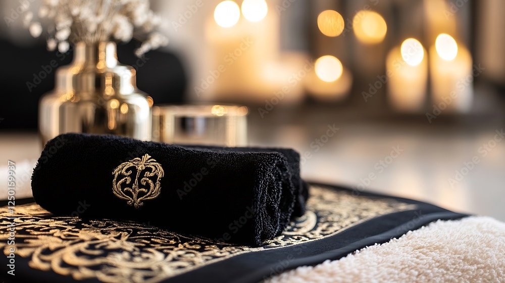 Poster Elegant Black Towel Resting on Decorative Towel with Blurred Candles in the Background : Generative AI