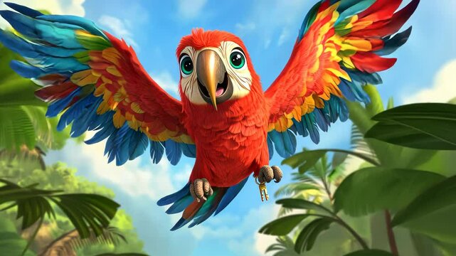 Red macaw flying in jungle, animated 3d cartoon parrot