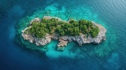 Aerial view of a lush green island surrounded by clear turquoise waters, showcasing natural beauty