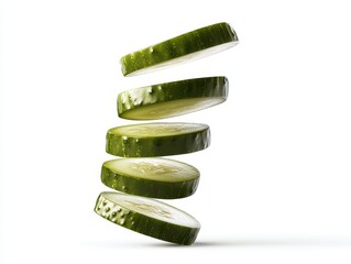 Five Slices of Fresh Cucumber Falling in mid-air.