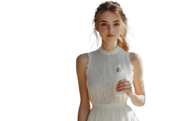 young woman in white dress holding a bottle of water