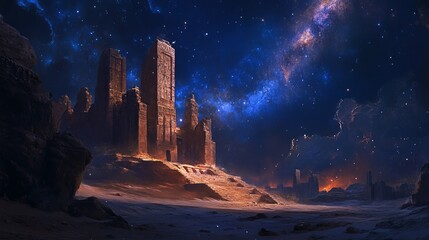 Mystical Desert Night: Milky Way Over Ancient Ruins
