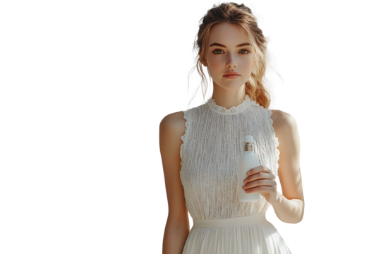 young woman in white dress holding a bottle of water