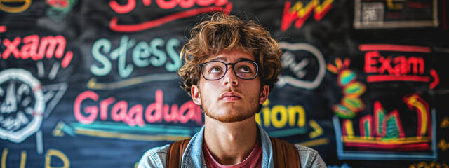 Student displays determination in front of colorful chalkboard filled with motivational words about education and life challenges