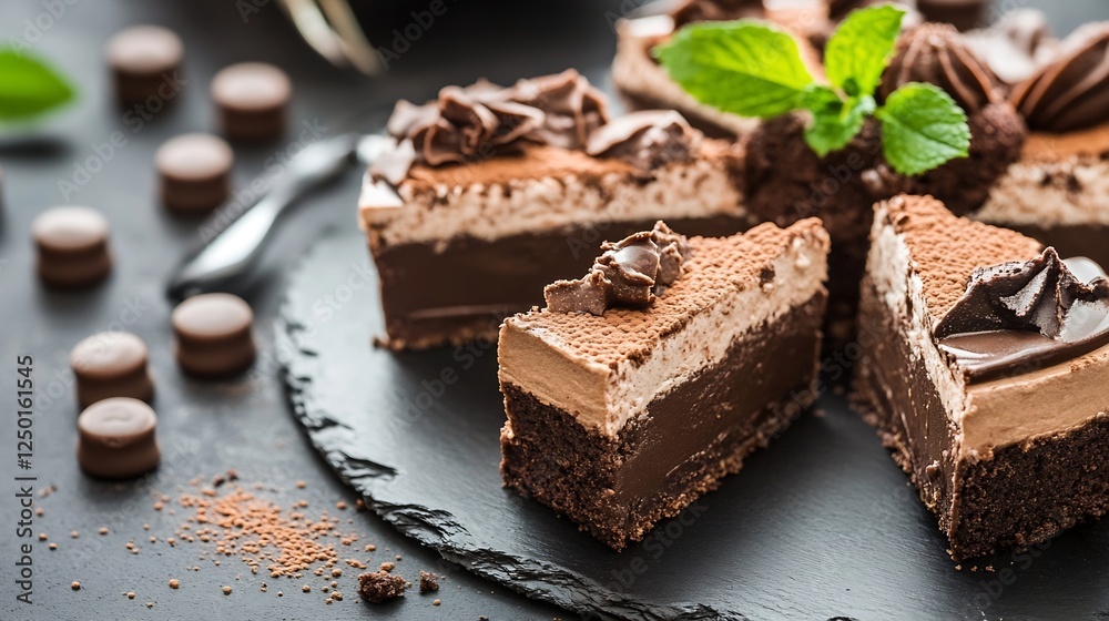 Poster decadent chocolate cake slice with cream topping and mint garnish on black plate : generative ai