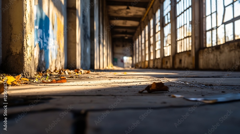 Poster abandoned industrial space with sunlight streaming through windows : generative ai