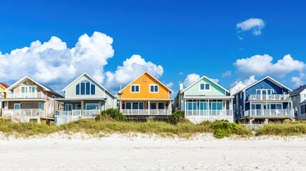 Colorful Beachfront Houses under a Vibrant Blue Sky with Fluffy Clouds
