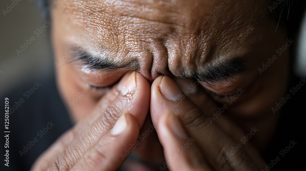 Poster close up of a man expressing deep emotions and stress while holding his forehead and eyes in distres