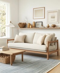 Modern light beige couch in living room with wooden accents