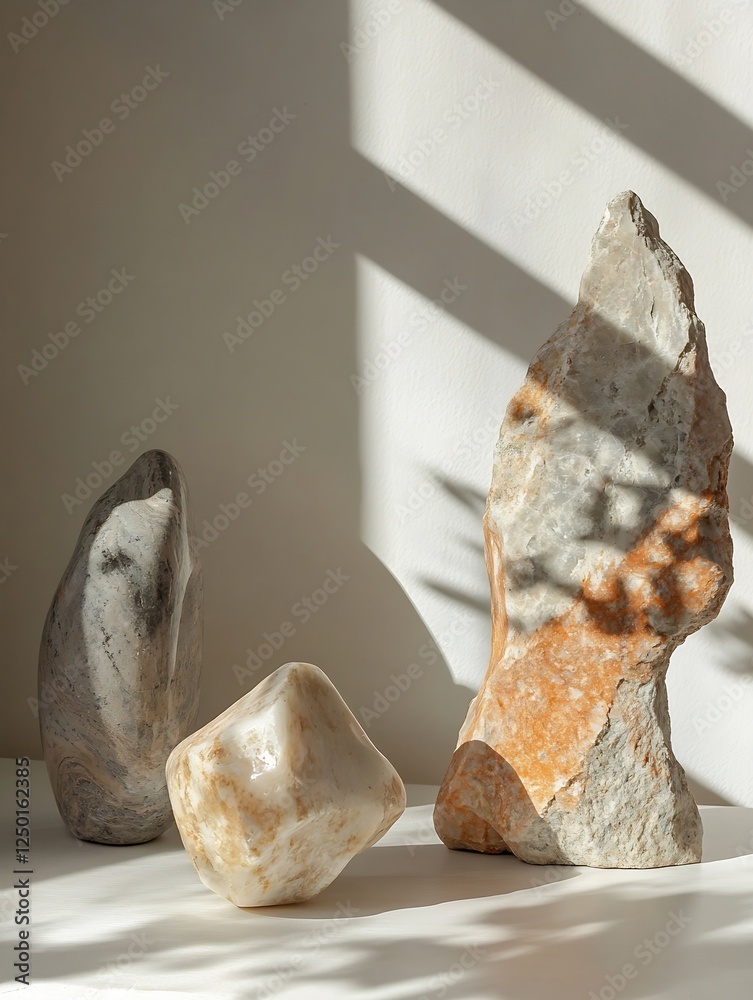 Poster artistic arrangement of unique natural stones with play of shadows on elegant minimalist background 