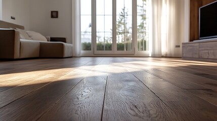 Fototapeta premium Stylish Modern Living Room with Expansive Windows and Warm Natural Light : Generative AI
