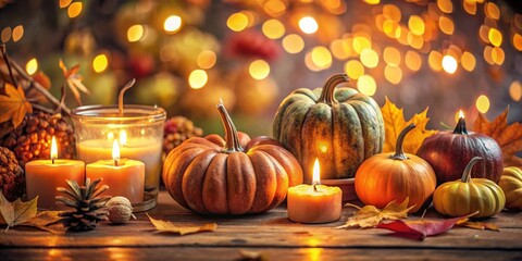 Cozy Autumn Still Life: Pumpkins, Candles, & Leaves in Watercolor