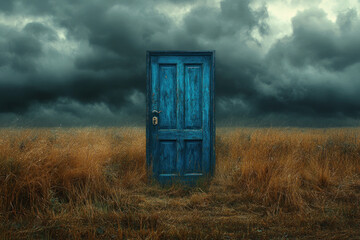Old blue door stands alone in a field, ominous dark clouds looming overhead.