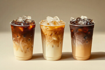 Three iced drinks, topped with ice, sit on a table.