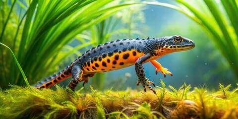 Obraz premium Underwater world revealed: Alpine newt (Ichthyosaura alpestris) pond life showcased through breathtaking photography.