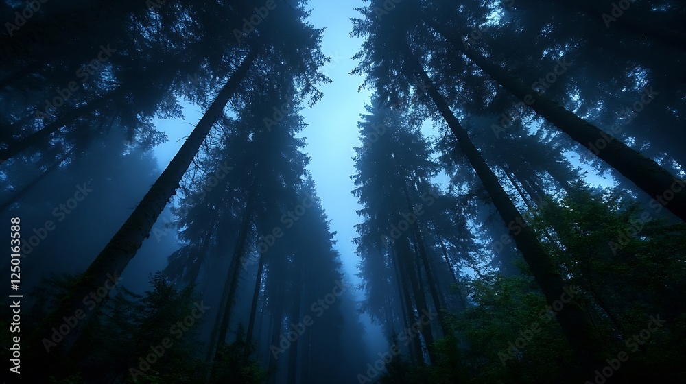 Poster eerie fog in a dense forest with tall trees touching the misty sky : generative ai