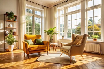 Fototapeta premium Cozy Living Room with Comfortable Armchair, Natural Light, Modern Interior Design