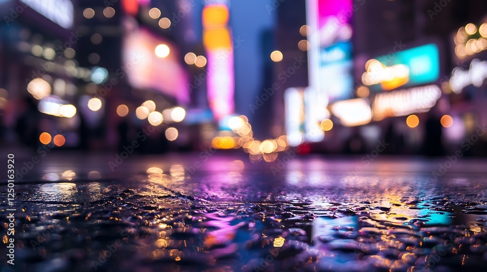 Poster dramatic night scene of times square with colorful reflections on wet street : generative ai