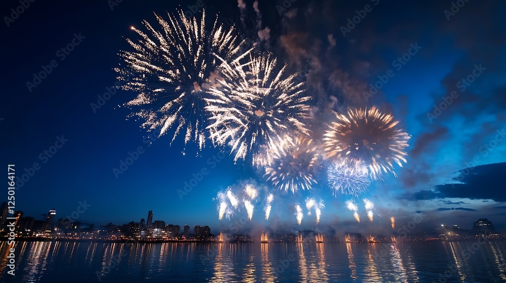 Poster spectacular fireworks display over city skyline reflected in calm waters : generative ai