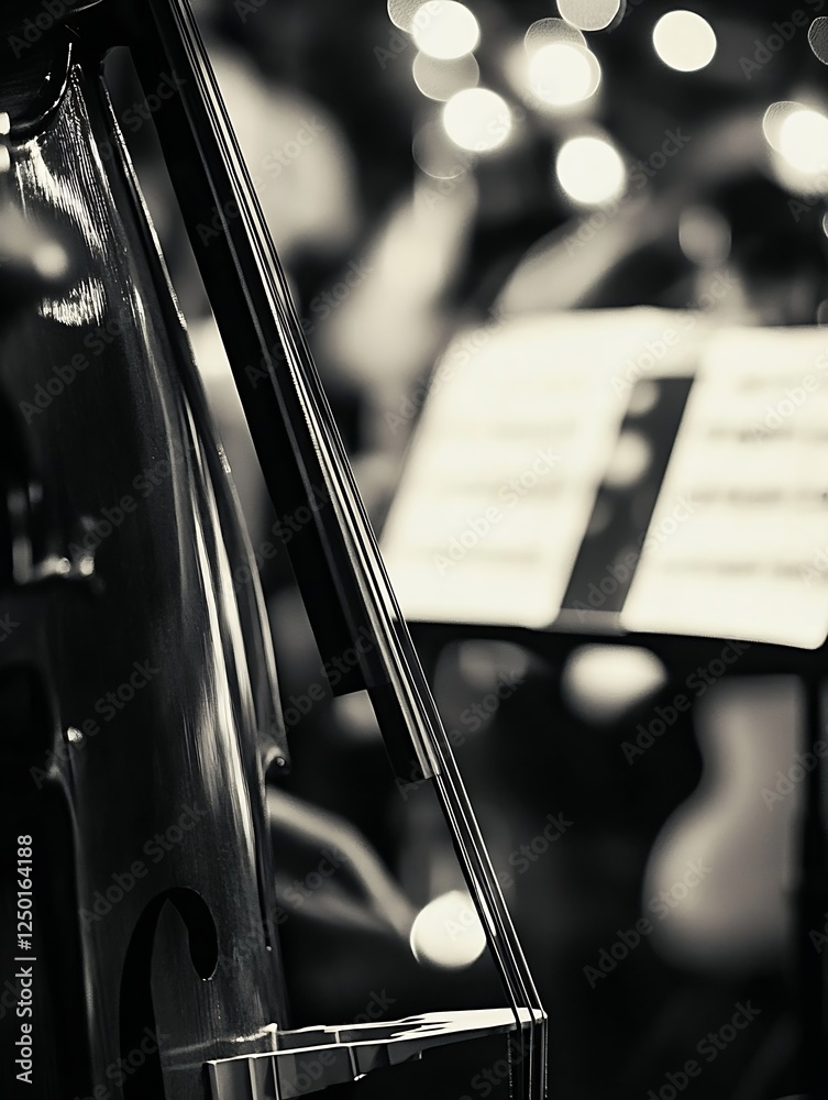 Poster artistic close-up of a musical instrument in a dimly lit background featuring a double bass : genera