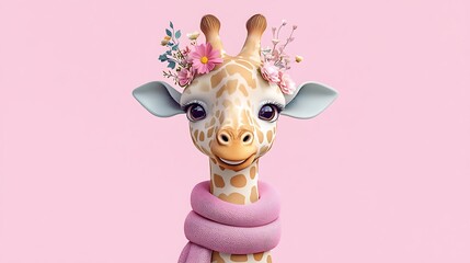 Adorable Giraffe in a Floral Crown: 3D Render on Pink Background AI Generated