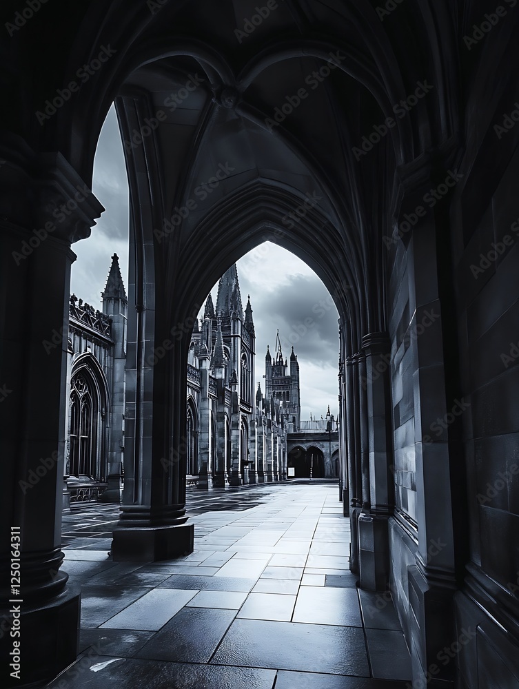 Poster Gothic Architecture with Dark Arches and Intricate Details in a Mysterious Castle Setting : Generative AI