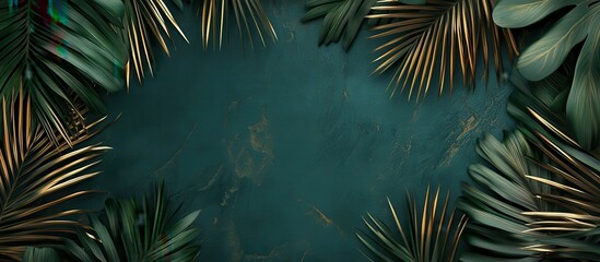 Tropical leaves frame on teal background.