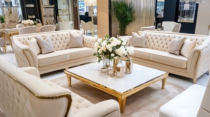 Fototapeta premium Elegant Living Room with Cream Sofas and Luxurious Decor Featuring Beautiful Floral Arrangement : Generative AI
