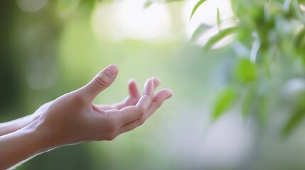Gentle Human Hands Reaching Out in Nature Surrounded by Lush Greenery Representing Connection and Growth : Generative AI