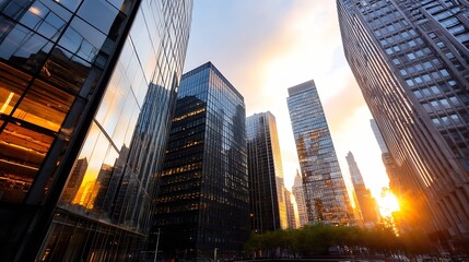 Stunning view of skyscrapers reflecting sunlight with dramatic clouds at sunset : Generative AI
