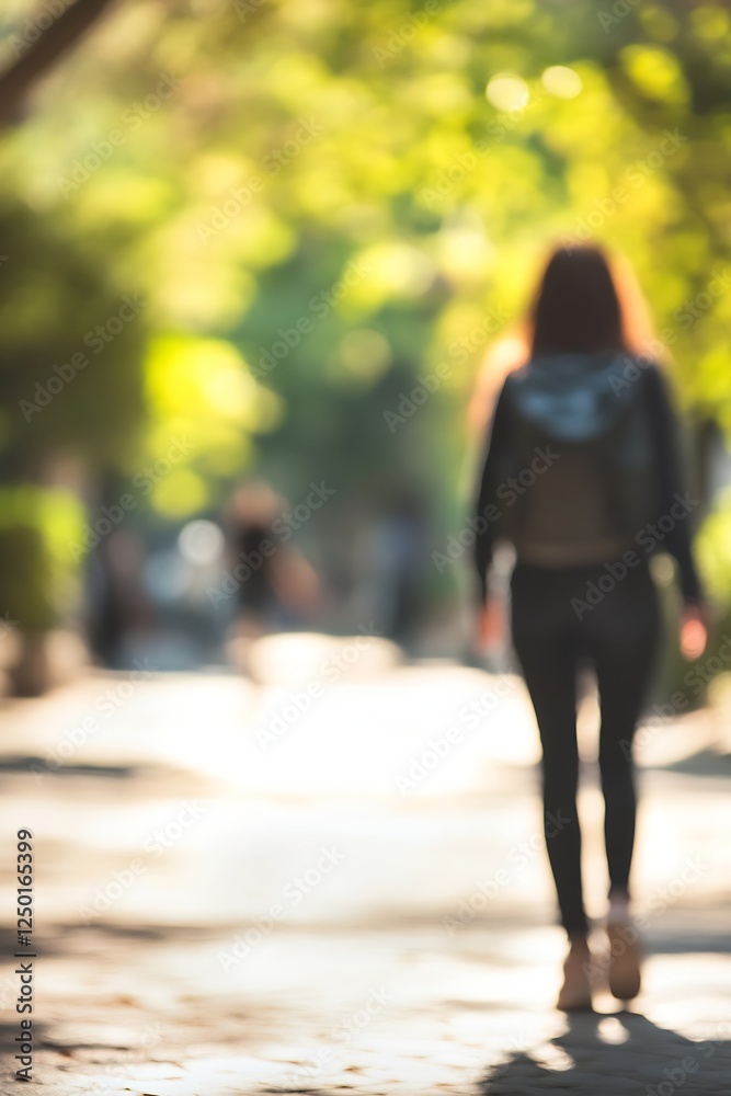 Poster Blurred image of a woman walking through a lush green park creating a serene and tranquil atmosphere : Generative AI