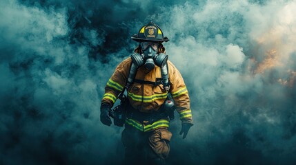 Fototapeta premium Heroic firefighter walking through smoke in protective gear. PM 2.5 concept