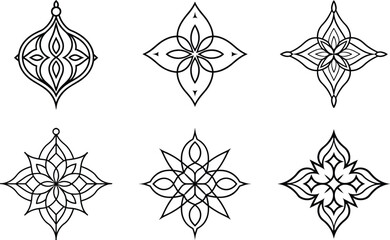 vector illustration of a decorative ornament. Six Intricate Black Line Mandala Designs. Six unique mandala designs in a clean, black line art style.