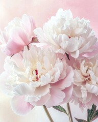 Elegant bouquet of pink and white peony flowers in full bloom with delicate petals and a soft pastel background
