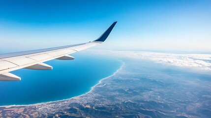 Fototapeta premium Stunning Aerial View of Airplane Wing Over Bright Blue Ocean and Beautiful Coastline : Generative AI