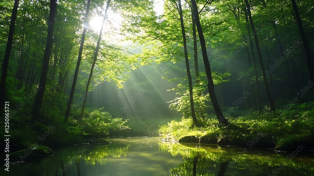 Fototapete sunlight filtering through green trees in a serene forest by a tranquil stream : generative ai