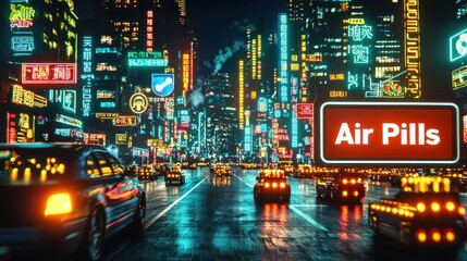 Vibrant cityscape with neon lights and bustling traffic at night. PM 2.5 concept