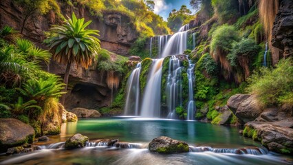 Obraz premium Long Exposure of the Majestic Waterfall in Barranco del Infierno, Tenerife, Spain â€“ Captivating Nature Scene with Lush Greenery and Crystal Clear Water
