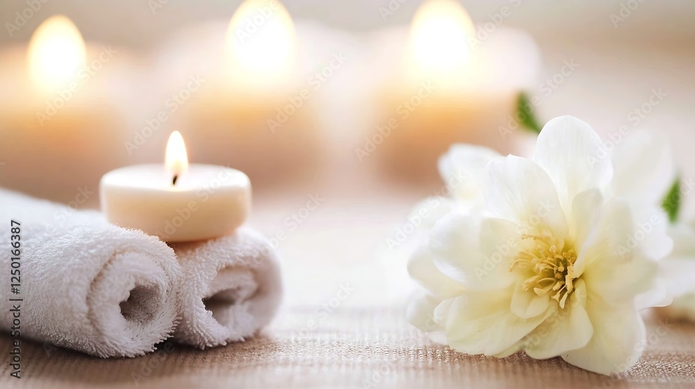 Poster Relaxing Spa Scene with Candles and Soft Towels on a Peaceful Background : Generative AI