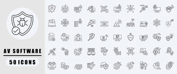 AV Software outline icon set. Covers Anti malware, Phishing, Virus scan, Cyber security, Antivirus, Cyber attack, Antivirus solution. Simple vector illustration.