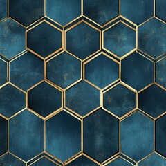 Sophisticated geometric design featuring deep blue hexagons with gold outlines and subtle texture, perfect for luxurious backgrounds or decor