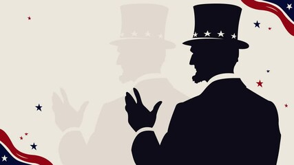 Lower third animation for Presidents' Day featuring Abraham Lincoln's silhouette from the back with iconic tall hat. Subtle stars and stripes in the background, perfect for patriotic or historical.