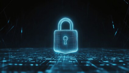 Glowing digital padlock on a dark tech background.