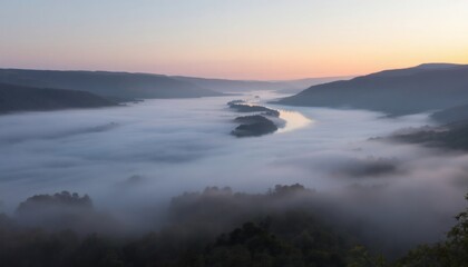 Fototapeta premium Serene Dawn Over a Misty River and Lush Valleys Captured in Early Morning Light