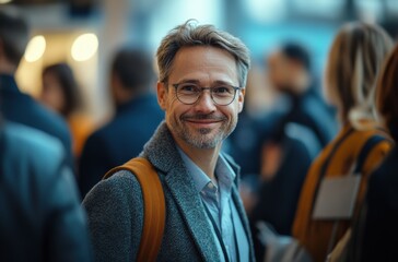 A businessman, dressed professionally, interacts with colleagues at a bustling conference, embodying confidence and collaboration.