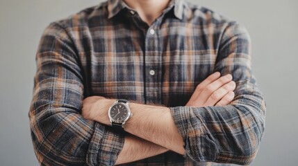 Man in Flannel Shirt with Watch, Arms Crossed, Casual Style and Confident Attitude